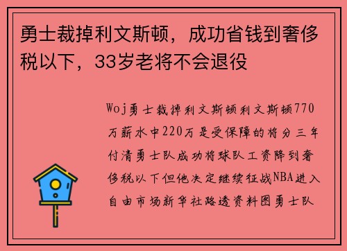 勇士裁掉利文斯顿，成功省钱到奢侈税以下，33岁老将不会退役