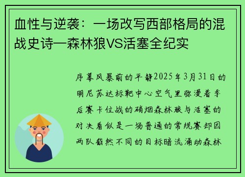 血性与逆袭：一场改写西部格局的混战史诗—森林狼VS活塞全纪实